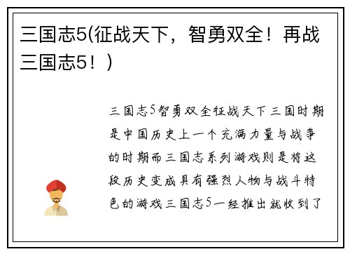 三国志5(征战天下，智勇双全！再战三国志5！)